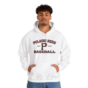 Someone wears a Printify P Reds Baseball Est. 1978 Unisex Heavy Blend™ Hooded Sweatshirt—a vintage-style white pullover with “P Reds Baseball Est. 1978” and a bold “P” on the front, made from a cotton-poly blend.