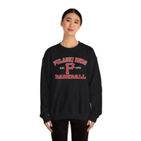 A person models the Printify P Reds Baseball Est. 1978 Unisex Heavy Blend™ Crewneck Sweatshirt, featuring red and white lettering, against a plain white background.