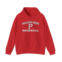 The Pulaski Reds Baseball Est. 1978 - Unisex Heavy Blend™ Hooded Sweatshirt by Printify is a vintage red hoodie with "Pulaski Reds Baseball Est. 1978" and a bold white "P" on the front—perfect for any fan.