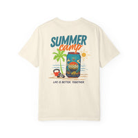 The BODE Summer Camp T-Shirt 2026 by Printify is a beige, heavyweight Comfort Colors tee with a beach and palm tree graphic, "SUMMER camp" and "Life's Better Together" text—perfect for relaxed summer vibes. Unisex fit.