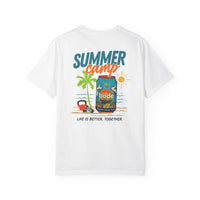 The Printify Summer Camp T-Shirt features a vibrant "Life Is Better Together" beach can design with a palm tree and sun on heavyweight cotton—perfect for laid-back summer days.