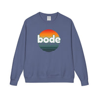 The Printify 2026 Bode Summer Bootcamp Crewneck Sweatshirt (GDH400) features a blue vintage-washed fleece, sunset graphic, and "bode SUMMER CAMP" text on the front for an ultra-soft, comfortable feel.