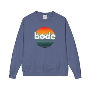 The Printify 2026 Bode Summer Bootcamp Crewneck Sweatshirt (GDH400) features a blue vintage-washed fleece, sunset graphic, and "bode SUMMER CAMP" text on the front for an ultra-soft, comfortable feel.