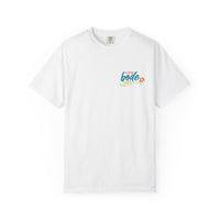 The Summer Camp T-Shirt — 'Life Is Better Together' Beach Can Design by Printify is a white heavyweight cotton tee with a durable double-needle stitch, featuring a vibrant beach can logo and the uplifting slogan on the left chest.
