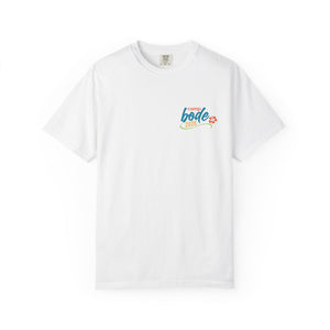 The Summer Camp T-Shirt — 'Life Is Better Together' Beach Can Design by Printify is a white heavyweight cotton tee with a durable double-needle stitch, featuring a vibrant beach can logo and the uplifting slogan on the left chest.