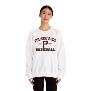 Someone wearing the Printify P Reds Baseball Est. 1978 - Unisex Heavy Blend™ Crewneck Sweatshirt stands against a plain white background.