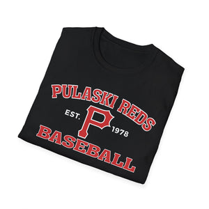 The Printify P Reds Baseball Est. 1978 Unisex Softstyle T-Shirt features a bold red "P" and vintage lettering—a black cotton tee perfect for showing hometown pride.