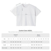 The Printify 2026 Bode Summer Bootcamp - Cali Sunset Logo Crop T-Shirt (3023CL) is a soft, ring-spun cotton crop top with arrows showing width, length, and sleeve on a boxy fit. Size chart for XS-4XL in inches/cm is below.