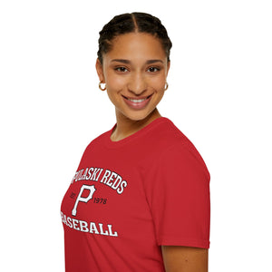 A woman smiles at the camera in a Printify P Reds Baseball Est. 1978 - Unisex Softstyle T-Shirt, featuring “Pulaski Reds Baseball” and a bold “P”—the ideal hometown team shirt.