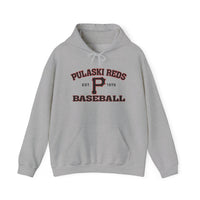The Pulaski Reds Baseball Est. 1978 - Unisex Heavy Blend™ Hooded Sweatshirt by Printify features "Pulaski Reds Baseball EST. 1978" and a large maroon "P" on the front—a classic vintage style for fans and players alike.