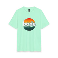 The Printify 2026 Bode Summer Bootcamp - Cali Sunset T-Shirt (DM130 Tri Blend) features a light green hue, orange gradient sunset graphic, and "bode SUMMER CAMP" text. Lightweight fabric ensures breathable comfort—ideal for summer days.