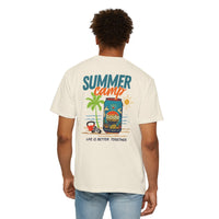 Someone wears the Printify Summer Camp T-Shirt—a garment-dyed tee with a back graphic of a beach, palm trees, a jar, and the phrases "SUMMER camp" and "Life Is Better Together.