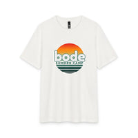 Stay cool in the Printify 2026 Bode Summer Bootcamp - Cali Sunset T-Shirt, featuring a retro sunset design with "bode SUMMER CAMP" in green and orange on soft, breathable DM130 tri blend. Perfect for summer days.