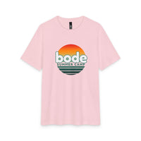 The 2026 Bode Summer Bootcamp - Cali Sunset T-Shirt by Printify features a light pink tri-blend, retro "bode SUMMER CAMP" logo, and an orange sunset graphic. Soft, breathable, lightweight fabric offers all-day comfort.