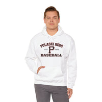 A man wearing a Printify P Reds Baseball Est. 1978 - Unisex Heavy Blend™ Hooded Sweatshirt and gray pants stands against a plain white background.