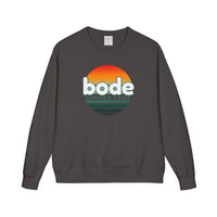 The Printify 2026 Bode Summer Bootcamp Crewneck Sweatshirt GDH400 is a dark gray, garment-dyed fleece featuring a circular sunset graphic and "bode SUMMER CAMP" on the front.