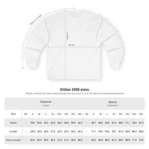 A size chart for the Printify P Reds Baseball Est. 1978 - Unisex Ultra Cotton Long Sleeve Tee Volume lists width, length, and sleeve measurements in inches and centimeters for sizes XS to 5XL.