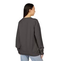 A person with long dark hair is seen from behind wearing the Printify 2026 Bode Summer Bootcamp Crewneck Sweatshirt GDH400 in dark gray and light blue jeans.