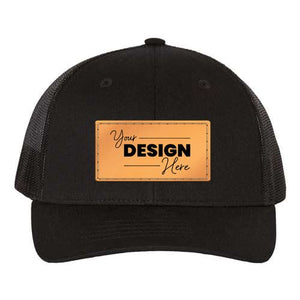 A black Richardson trucker hat with a polyester mesh back and an adjustable snapback closure.