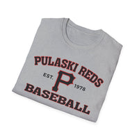 Show your hometown pride with the Printify P Reds Baseball Est. 1978 Unisex Softstyle T-Shirt Volume, featuring "Pulaski Reds Baseball," "Est. 1978," and a large red and black "P" on soft gray cotton.