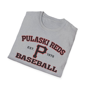 Show your hometown pride with the Printify P Reds Baseball Est. 1978 Unisex Softstyle T-Shirt Volume, featuring "Pulaski Reds Baseball," "Est. 1978," and a large red and black "P" on soft gray cotton.