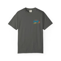 The BODE Summer Camp T-Shirt 2026 by Printify is a dark gray, heavyweight cotton Comfort Colors 1717 tee with a small, colorful "Camp Hope 2026" logo and paw print on the chest, plus durable double-needle stitching for lasting wear.