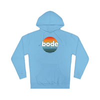 The 2026 Bode Summer Bootcamp — Cali Sunset Hoodie Sweatshirt (SS4500) by Printify features soft cotton-poly fleece, a front pocket, "bode summer camp" logo, and a stylized sunset graphic on the chest.