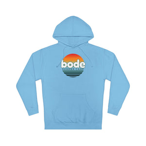 The 2026 Bode Summer Bootcamp — Cali Sunset Hoodie Sweatshirt (SS4500) by Printify features soft cotton-poly fleece, a front pocket, "bode summer camp" logo, and a stylized sunset graphic on the chest.