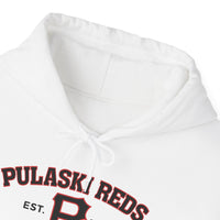 Close-up of the Printify P Reds Baseball Est. 1978 Unisex Heavy Blend™ Hooded Sweatshirt, featuring bold "PULASKI REDS" and "EST." text on a comfy cotton-poly blend for a classic, vintage pullover look.