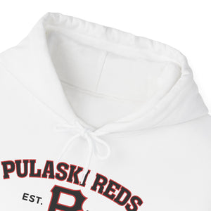 Close-up of the Printify P Reds Baseball Est. 1978 Unisex Heavy Blend™ Hooded Sweatshirt, featuring bold "PULASKI REDS" and "EST." text on a comfy cotton-poly blend for a classic, vintage pullover look.