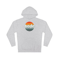 Light gray Printify 2026 Bode Summer Bootcamp — Cali Sunset Hoodie Sweatshirt (SS4500) features an adjustable hood, front pocket, "bode SUMMER CAMP" sunset logo on chest, and soft cotton-poly fleece for comfort.