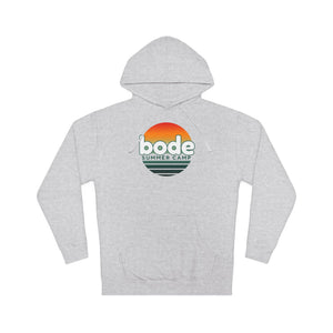 Light gray Printify 2026 Bode Summer Bootcamp — Cali Sunset Hoodie Sweatshirt (SS4500) features an adjustable hood, front pocket, "bode SUMMER CAMP" sunset logo on chest, and soft cotton-poly fleece for comfort.