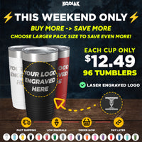 Get Kodiak Coolers Custom Tumblers 20 oz in black, silver, or red with your logo engraved—just $12.49 each (min. 96) with special bulk pricing this weekend only!.