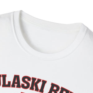 A close-up of the neckline and upper chest area of the Printify P Reds Baseball Est. 1978 Unisex Softstyle T-Shirt, featuring white cotton fabric with partially visible red and black text.