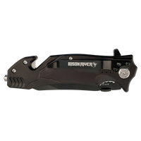 The Bison River Custom Laser Engraved 4 1/2" Rescue Knife features a black folding design with glass breaker and seatbelt cutter—perfect for corporate gifts or promotional giveaways.
