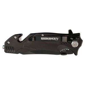 The Bison River Custom Laser Engraved 4 1/2" Rescue Knife features a black folding design with glass breaker and seatbelt cutter—perfect for corporate gifts or promotional giveaways.