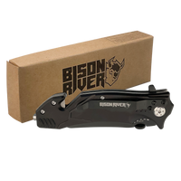 A Custom Laser Engraved Bison River 4 1/2" Rescue Knife, ideal for corporate gifts or promotions, is shown beside a brown box featuring the Bison River logo and text on a white background.