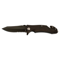 The Bison River Custom Laser Engraved 4 1/2" Rescue Knife features a black matte finish, partially serrated blade, and folds compactly. Perfect for corporate gifts or promos, it can be personalized with laser engraving. Shown open on a white background.