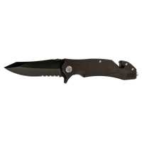 The Bison River Custom Laser Engraved 4 1/2" Rescue Knife features a partially serrated blade, glass breaker tip, and seatbelt cutter—perfect as a branded corporate gift or for promotional giveaways.