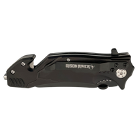 The Custom Laser Engraved Bison River 4 1/2" Rescue Knife features a black folding design with "BISON RIVER" on the handle, shown closed on a white background—ideal for corporate gifts or promotional giveaways.