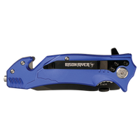 The Custom Laser Engraved Bison River 4 1/2" Rescue Knife features a partially visible blade, window breaker, and seatbelt cutter—ideal as a corporate gift or promotional giveaway—shown against a white background.