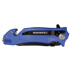 The Custom Laser Engraved Bison River 4 1/2" Rescue Knife features a partially visible blade, window breaker, and seatbelt cutter—ideal as a corporate gift or promotional giveaway—shown against a white background.