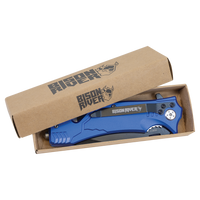 The Custom Laser Engraved Bison River 4 1/2" Rescue Knife, shown partially open in a brown box with the Bison River logo, makes an ideal corporate gift.