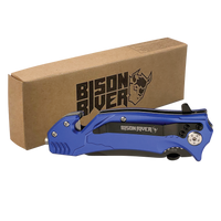 The Custom Laser Engraved Bison River 4 1/2" Rescue Knife, shown closed in blue beside a branded box, is ideal for corporate gifts or promotional giveaways.