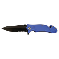 The Custom Laser Engraved Bison River 4 1/2" Rescue Knife by Bison River features a black partially serrated blade and blue handle—perfect for promotional giveaways or corporate gifts, shown fully open against a white background.
