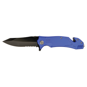 The Bison River Custom Laser Engraved 4 1/2" Rescue Knife features a black partially serrated blade and blue handle, making it a standout corporate gift. Shown here against a white background.