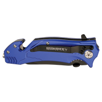 The Custom Laser Engraved Bison River 4 1/2" Rescue Knife features a closed blue handle, black clip, and partially serrated blade—ideal for corporate gifts or promotional giveaways.