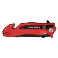 The Bison River Custom Laser Engraved 4 1/2" Rescue Knife features a closed red and black design, a glass breaker tip, and is ideal for promotional giveaways or unique corporate gifts.