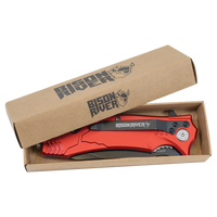 The Custom Laser Engraved Bison River 4 1/2" Rescue Knife, partially opened and presented in a branded brown box, is perfect for corporate gifts or promotional giveaways with personalized laser engraving.