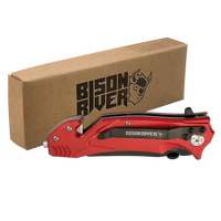 The Custom Laser Engraved Bison River 4 1/2" Rescue Knife, ideal for corporate gifts or giveaways, is shown in front of a brown Bison River branded box on a white background.